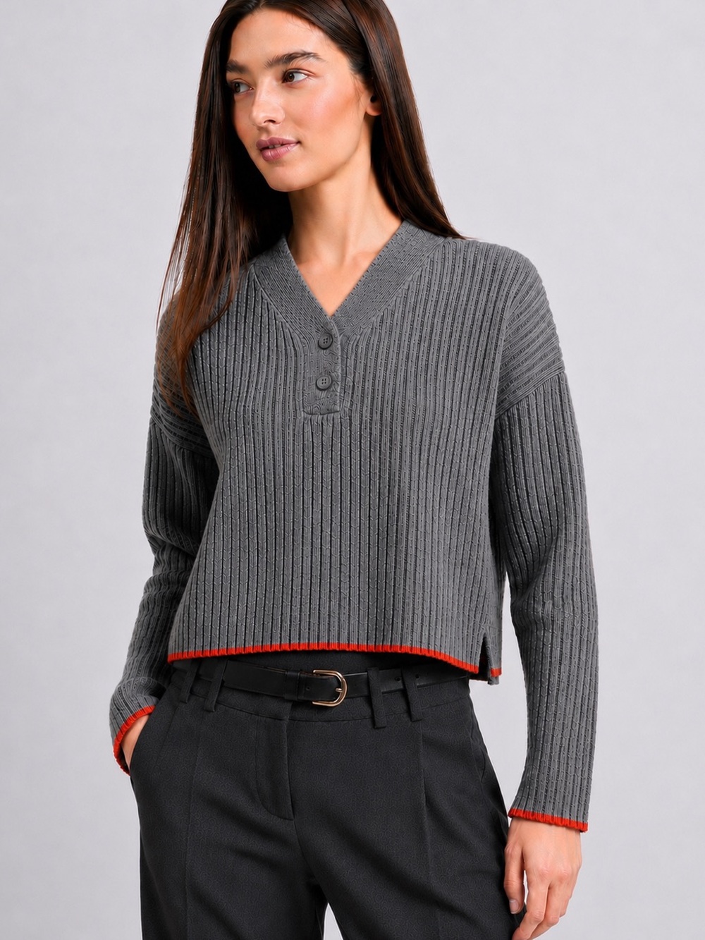 Etam 100% Cashmere Boxy Ribbed‎ Henley Sweater Orange Trim Small